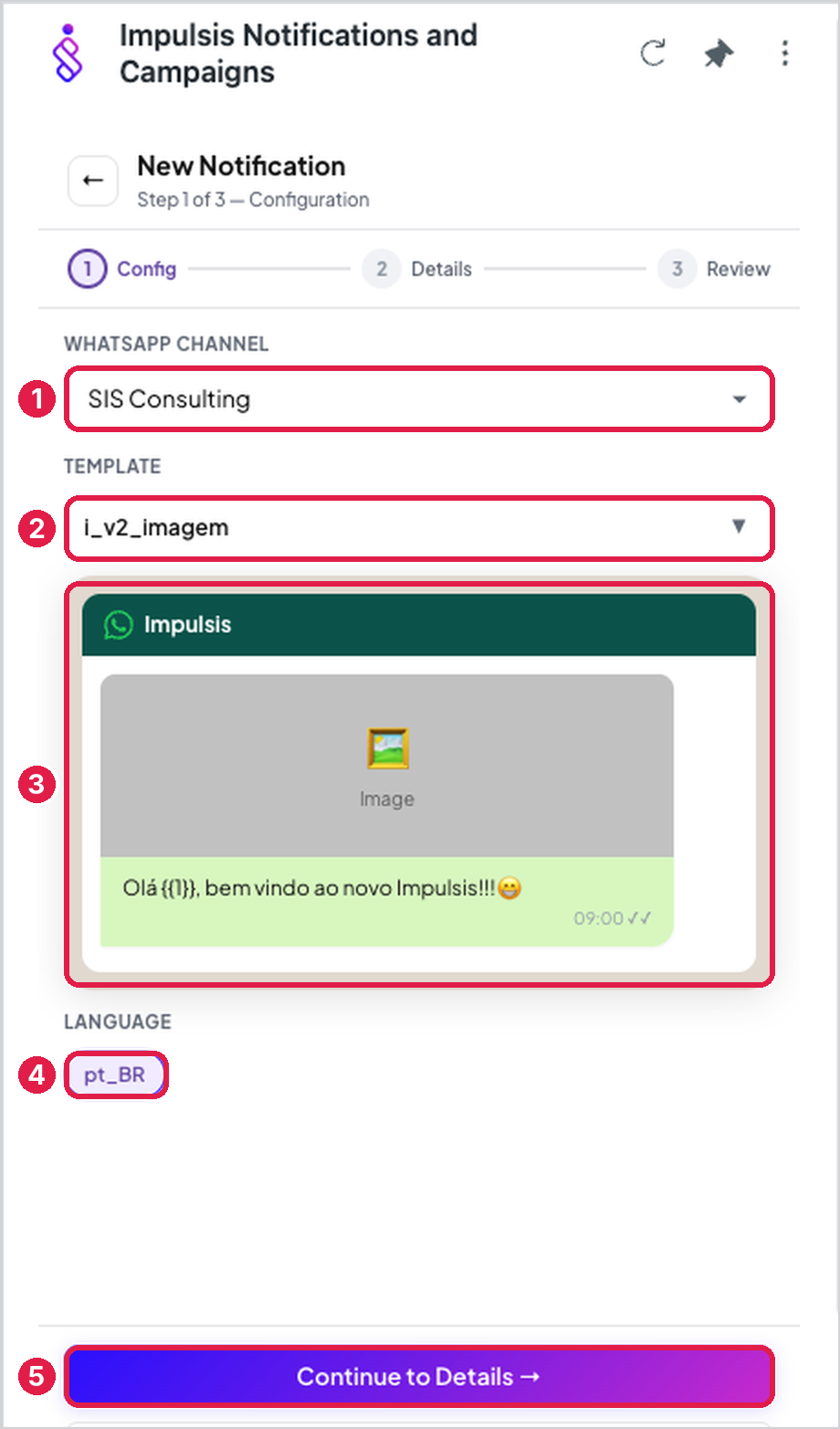 Etapa Config com template selecionado