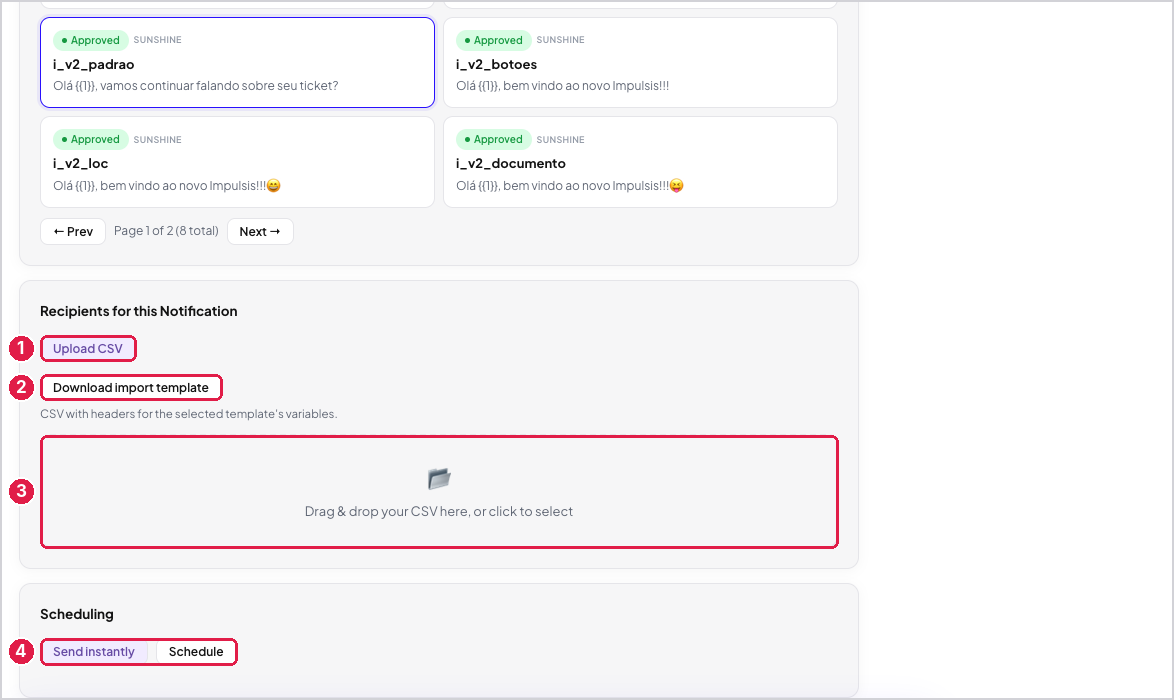 Destinatários e agendamento