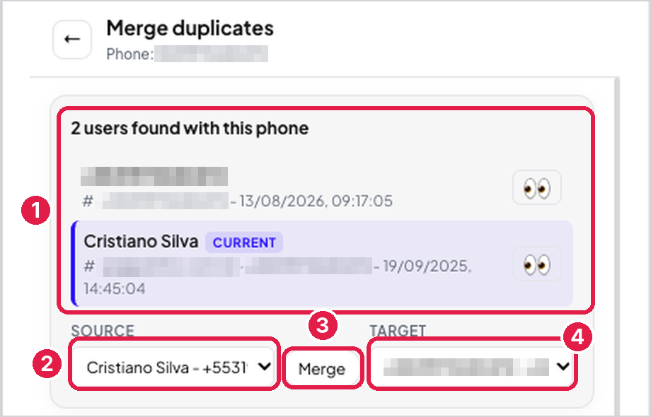 Usuários encontrados com o mesmo telefone